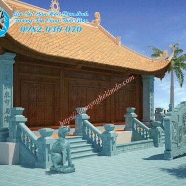 Bản phối cảnh nhà thờ họ ( Cột đá, lan can con tiện, cuốn thư đá, nghê đá việt)