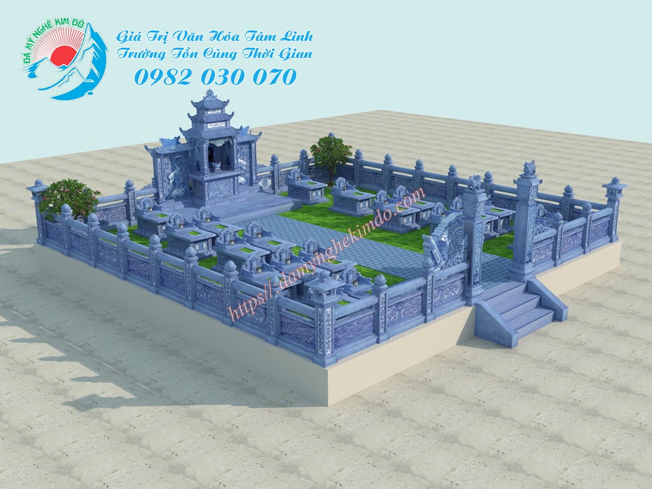 Mặt nghiêng Bản vẽ thiết kế 3D Phối cảnh khu lăng mộ đá đẹp 90m2