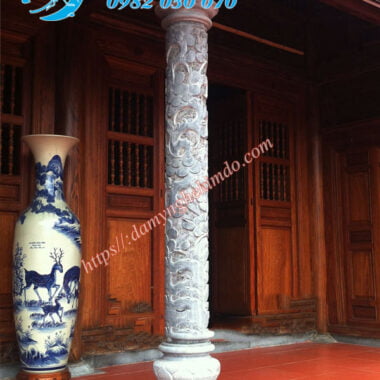 Mẫu cột đá tròn chạm tứ quý đẹp, cột hiên đá đẹp