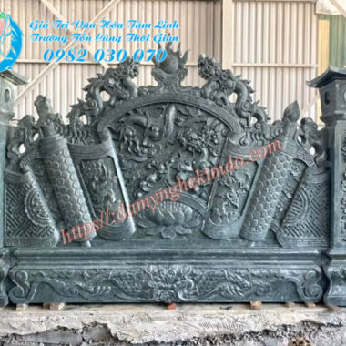 Mẫu bình phong đá có cột đẹp, Mẫu cuốn thư đá xanh rêu có cột đèn đẹp chạm rồng cuốn thủy