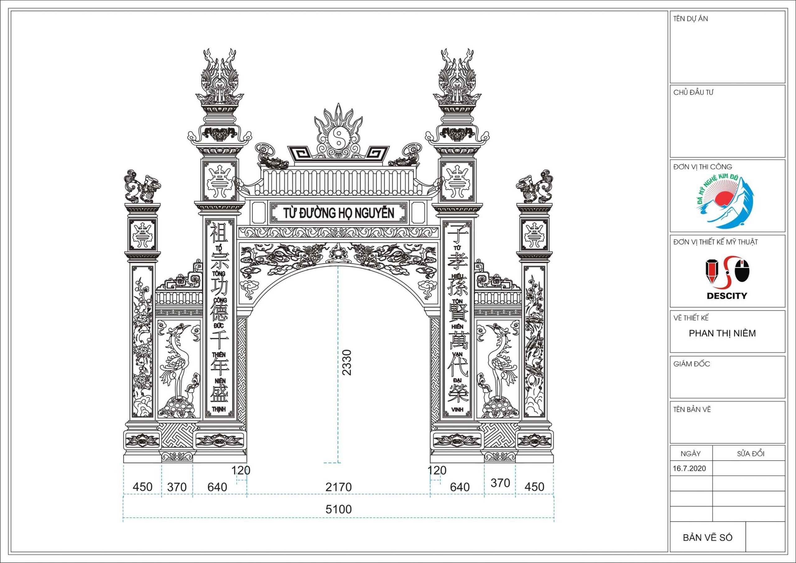 Bản vẽ thiết kế Cổng đá đẹp Nhà thờ họ Nguyễn Thái Bình, thiết kế cổng đá tam quan