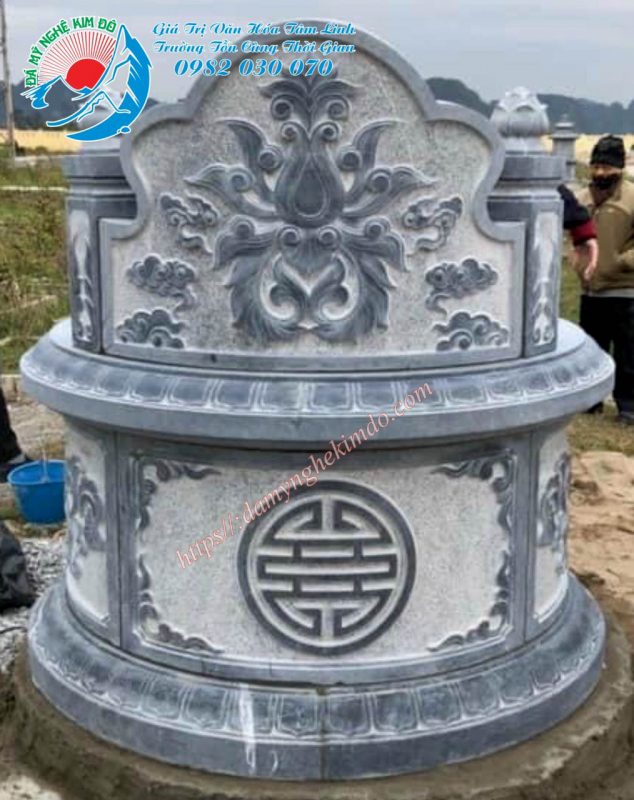 Mộ đá tròn nguyên khối chạm đầm sen, mộ tròn đá, mẫu mộ tròn đẹp, mo tron, mộ đá đẹp