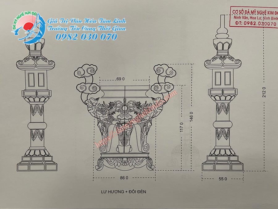 Bản vẽ thiết kế Đỉnh hương đá và đôi đèn bát giác đá
