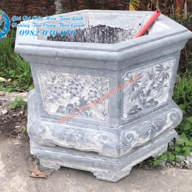 Mẫu chậu đá cảnh lục giác chạm tứ quý
