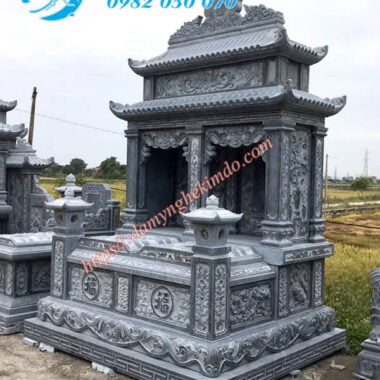 Mẫu mộ đôi đá 2 mái đình chạm tứ linh đẹp