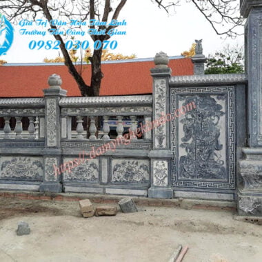 Hàng rào lan can đá, Mẫu lan can đá đẹp sử dụng làm tường rào đá cho Đình chùa, Nhà thờ họ, mẫu lan can đá 2 tầng có con tiện