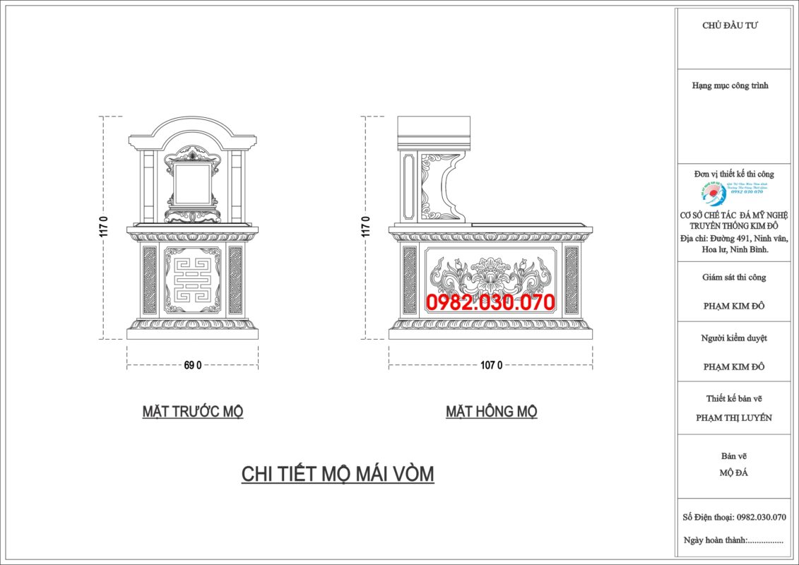 Bản vẽ thiết kế Mẫu mộ 1 mái vòm kt 69x107cm, mộ mái vòm