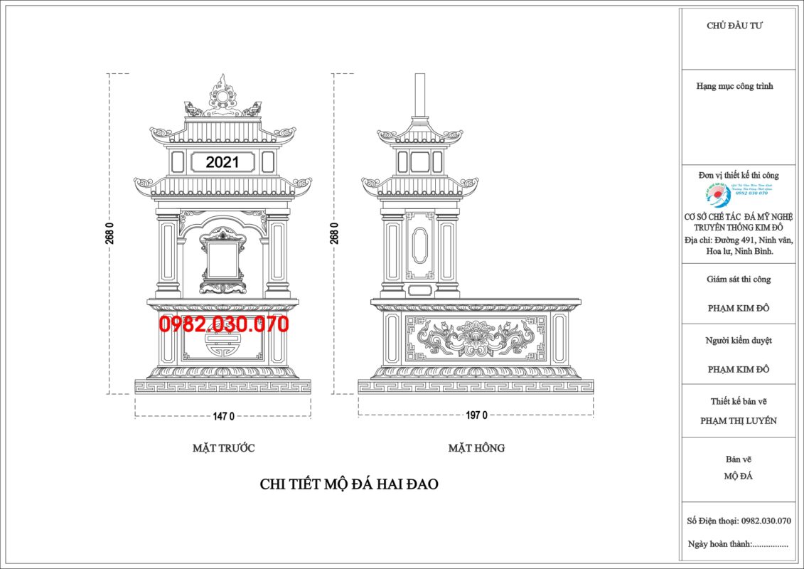 Bản vẽ thiết kế mẫu mộ đá 2 mái kiểu mới đẹp nhất