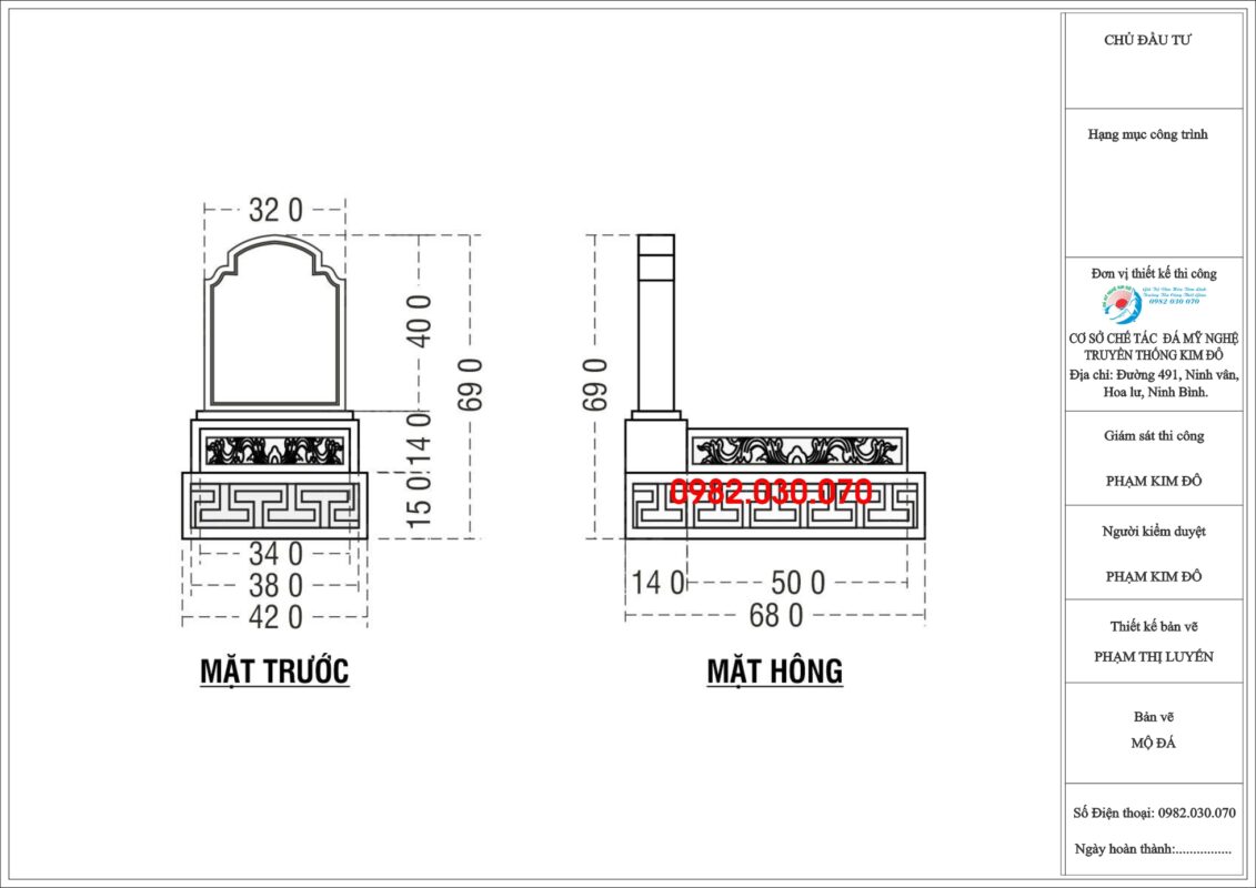 Lắp đặt Khu lăng mộ đá nhỏ 13m2 tại Thái Bình. Bản vẽ thiết kế mộ tam sơn kích thước 42x68cm