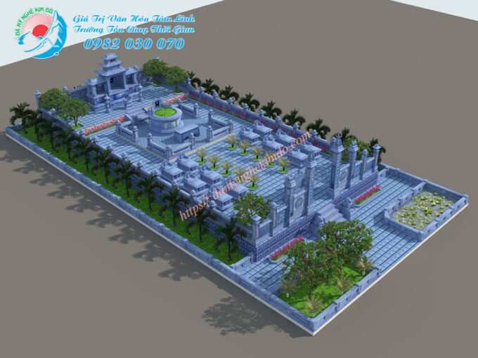 Bản PC 3D khu lăng mộ đá có kích thước lớn đẹp nhất, thiết kế khu lăng mộ đá đẹp, phối cảnh 3D khu lăng mộ 150m2