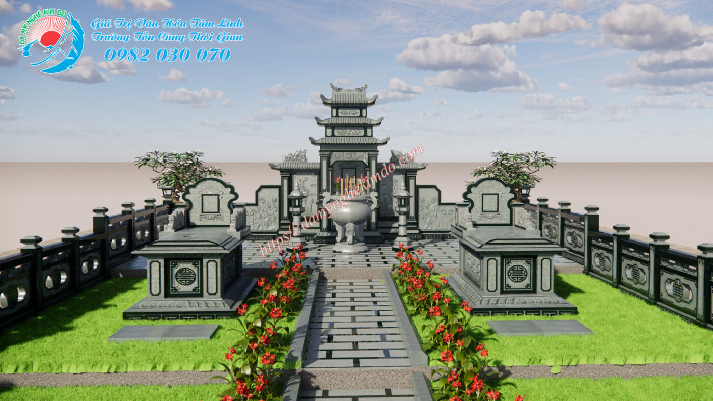 Bản thiết kế 3D khu lăng mộ đá xanh rêu diện tích 120m2