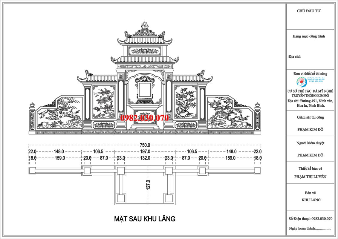 bản vẽ thiết kế lầu cánh đá dài 7m50, lăng cánh đá